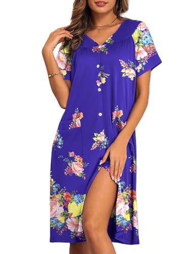 Image of Ekouaer House Dresses for Women with Pockets Button Down Nightgowns Plus Size Moo Moos Mumu Dresses Floral Print S-3XL