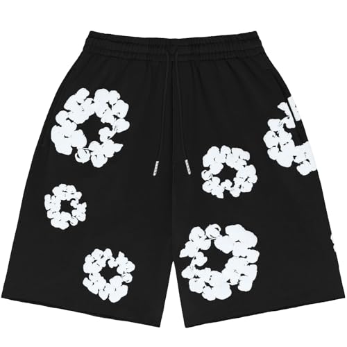 Kurze Hosen Herren Shorts Sommer Leicht Sportshorts Baumwolle Blumen Freizeit Hose Herren Kurz Laufhose Y2K Hip Hop Strandshorts mit Tasche(Schwarz,M)