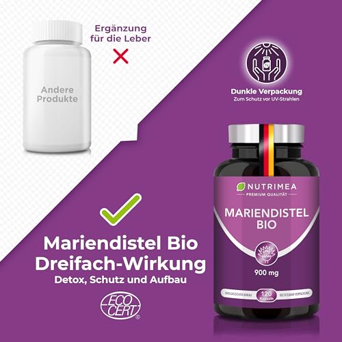 Mariendistel Bio Hochdosiert 900mg - 120 Kapseln - Reines Extrakt - Für die Leber - Silymarin - Vegan - Ohne Zusätze - Nutrimea - Premium Qualität