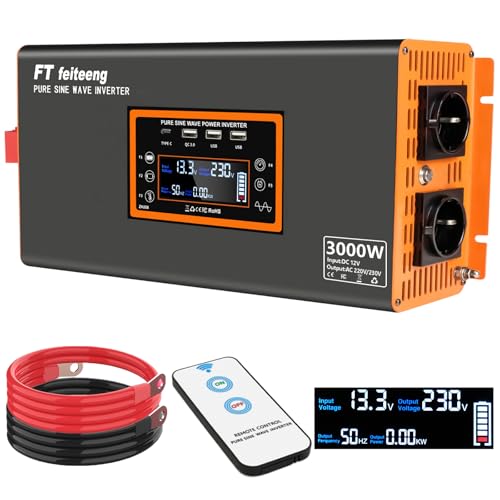 L'inverter a onda sinusoidale pura fornisce alimentazione da CC a AC da 12 V a 220 V/230 V, dispone di prese standard UE e 3 interfacce di ricarica USB, Tipo C, che possono soddisfare le vostre diverse esigenze di alimentazione