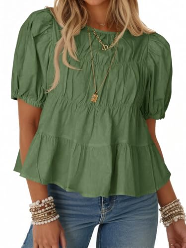 Image of Tankaneo Womens Puff Sleeve Peplum Babydoll Tops Summer Flowy Pleated Cotton T-Shirts Casual Loose Fit Cute Blouse