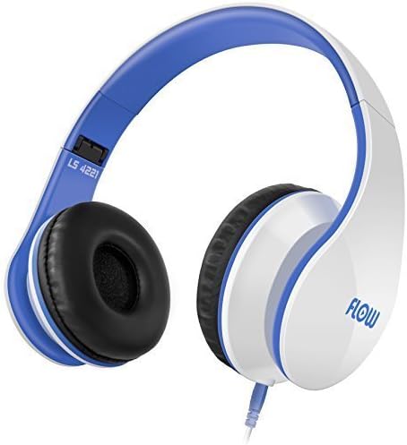 Sentey Flow Pro LS-4221 Foldable Headphone with Detachable 3.5mm Audio Cable and in-line Microphone, White/Blue