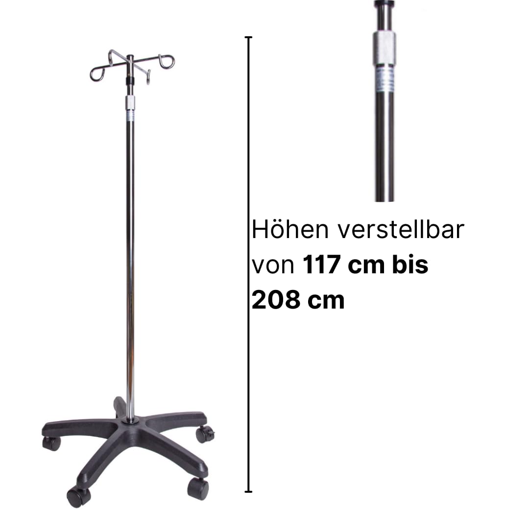 ATC Handels GmbH Infusionsständer verchromt mit 4 Haken und Kunststoff-Fußteil – höhenverstellbar & stabile Rollen