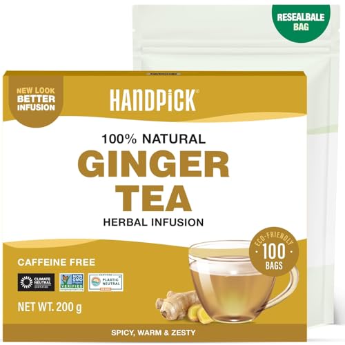 HANDPICK, Té Herbal de Jengibre, 100 Bolsitas Redondas Ecológicas, Sin Cafeína y No-OGM, Elaborado con Raíz de Jengibre Pura, Sabor Suave y Picante, Sellado al Vacío para Frescura