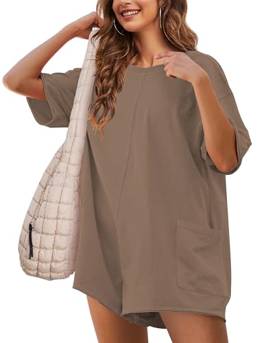 TAQCUX Rompers for Women Athletic Workout Hot Shot Tee Romper Casual Oversized Jumpsuits Overalls(Coffee-L)