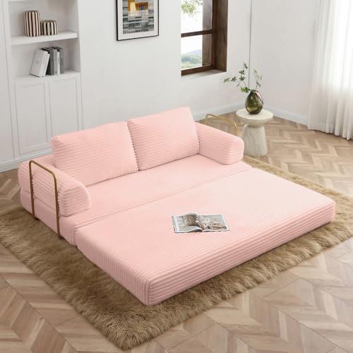 Image of HANXIN 80 Inch Convertible Sleeper Sofa Bed, High Back Plush Corduroy Folding Floor Mattress Couch with Fixed-Shape Frame, Boneless Futon Loveseat with Pull Out Bed, No Assembly Required (Pink)