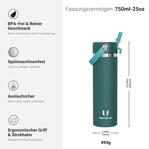Sparrow Trinkflasche Edelstahl 750ml Thermosflasche mit Strohhalm Deckel – Ansicht 3