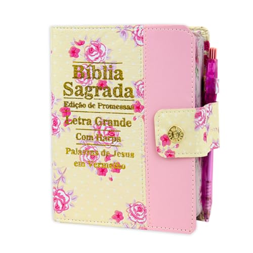 REI DAS BIBLIAS, Biblia Letra Grande C/harpa E Bot�o - Floral E Rosa
