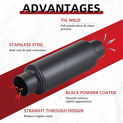 Image of LCGP 2.5 inch Inlet Universal Resonator Muffler, 2.5 inch Outlet 13.77 inch Overall Length Stainless Steel High Performance Muffler, Polished, Pass-Thru Design Black 2pack