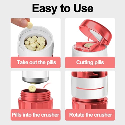 Image of DUBSTAR 3-in-1 Pill Crusher Pill Grinder, Pill Crusher Fine Powder with Brush, Pill Crushers for Elderly with Pill Cutter and Storage, Pill Cutter Splitter for Small or Large Pills (Red)