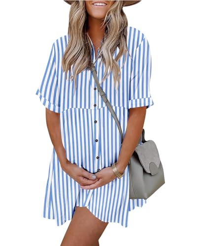 Image of PYGFEMR Women's Short Sleeve Babydoll Dress Button Down Dresses with Pockets