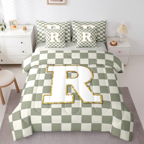 Image of Erosebridal Sage Green Checkered Queen Bedding Set 7 Piece Plaid Initial R Bed in A Bag with Sheets Personalized Monogram Comforter Set for Kids Adults,Fashion Grids Gingham Bed Sets