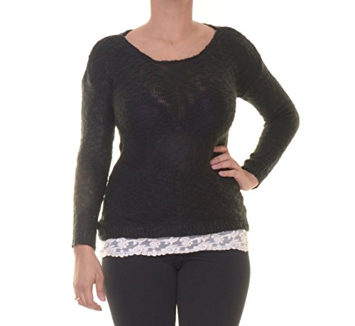 Juniors' Lace Hem Scoop Neck Sweater (S, Black)
