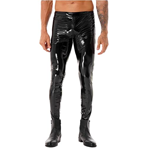 Oyolan Mens Black Faux Patent Leather Stage Skinny Performance Pants Stretch Leggings Bodywear Trousers Two-Way Zipper Crotch Xx-Large #TOP19
