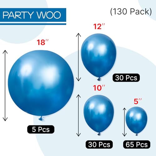 Image of PartyWoo Metallic Blue Balloons 130pcs Different Sizes of 18 12 10 5 Inch Chrome Blue Latex Balloons for Graduation Wedding Baby Shower Wedding Bachelorette Birthday Party Decorations Blue-G106