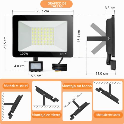 Foco LED con sensor de movimiento e impermeabilidad IP67 con 10000LM para iluminar garajes 7