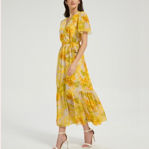 Image of Women's Summer Bohemian Floral Chiffon Dress Cap Sleeve V Neck Ruffle Long Flowy Boho Casual Vacation Dresses