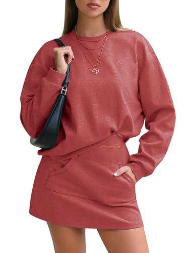 EXLURA Women 2 Piece Sets Cotton Tracksuits Workout Set Crewneck Sweatshirt Skort Short Skirt Fall Tennis Sweat Suits Pockets