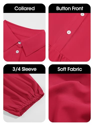 Image of Wenrine Womens Casual 3 /4 Sleeve Shirt Dress Button Down V Neck Tiered Collared Flowy Maxi Dress