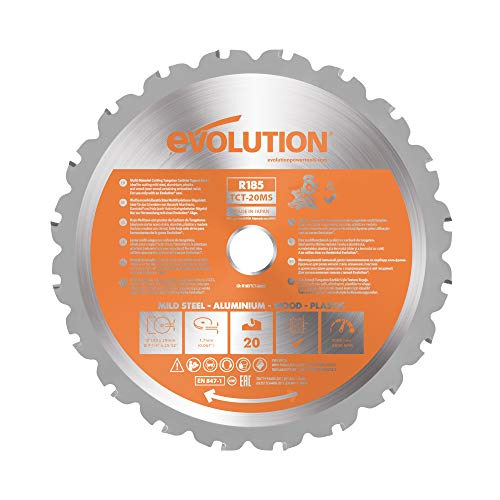 185 mm Multi Material Mitre Saw Blade (AKA TCT Saw Blade, Metal Cutting Blade, Wood Blade) - Carbide Tipped Blade Cuts Wood, Metal and Plastic - Evolution Power Tools R185TCT-20MS