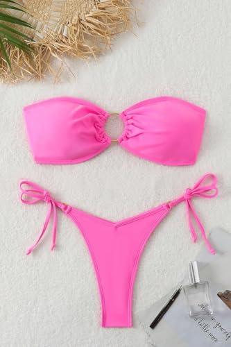 Women’s Sexy Bikini Set – O Ring Strapless Tie Back Top and Thong Bottom with Side Strings, Two Piece Swimsuit3