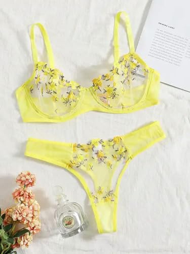 UANGLI Conjunto de Sujetador y Bragas, lencería de Encaje Bordado Amarillo, Conjunto de Ropa Interior Transparente para Mujer, Conjunto Breve, Disfraces de lencería