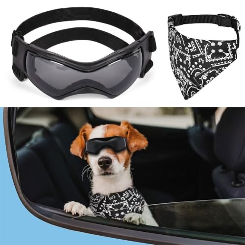 Adiwo Hundebrille,Wasserdicht Hundeschutzbrille mit Hundehalstuch Anti-UV Schutz Hunde Sonnenbrille mit Einstellbar Gummiband Winddichte Schutzbrille Motorradbrille für Kleine Mittelgroße Hunde -S