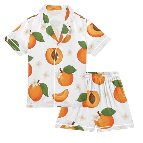 Satin Pajama Sets Short Sleeve Apricot Pattern with Flowers Button Down Silky Nightwear 2 Piece PJS 5-14Y