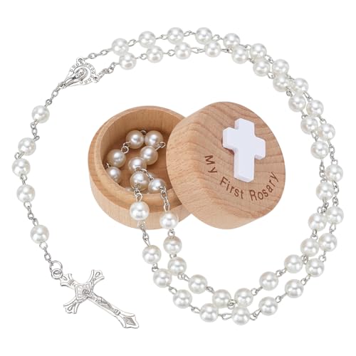 FINGERINSPIRE My First Rosary Round Wooden Keepsake Box Rosary Beads Special Day of Blessing White Rosary 28.74Inch Catholic Gift Set for Women Men Daily Prayer Travel Everyday Wear Baby Shower