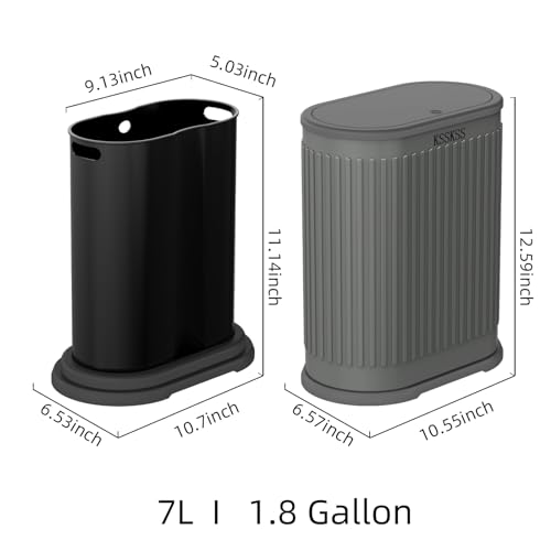 Image of KSSKSS 1.8 Gallons Small Stainless Steel Trash Can with Press Type Lid, Slim Bathroom Garbage Bin, Removable Liner Bucket, Dog Proof Narrow Wastebasket with Pop-Up Lid for Bedroom,Toilet (Gray)