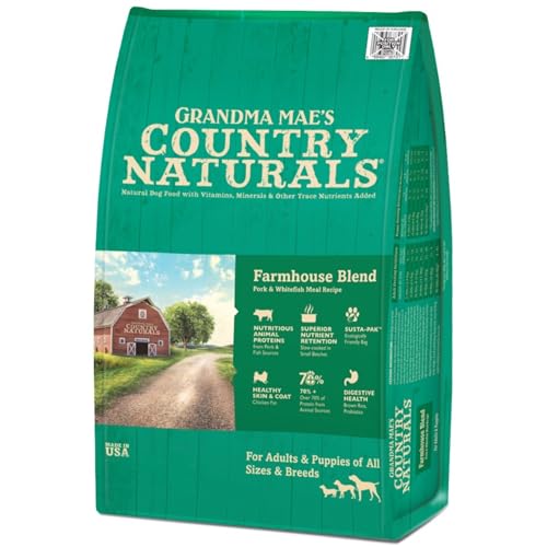 Grandma Mae’s Country Naturals Dry Dog Food, Farmhouse Blend Formula, Pork, Fish & Brown Rice, Slow Cooked & Nutrient Dense, Made in USA, 14 LB Bag