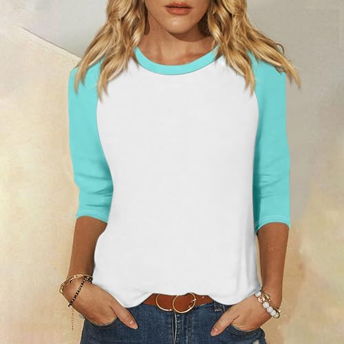 Womens 3/4 Sleeve Tops Casual Cropped Shoulder Sleeves Patchwork Striped Print Round Neck Blouse Loose Blouses2