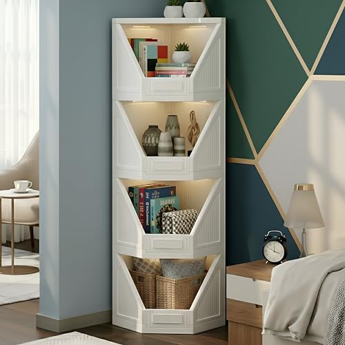 Image of HOMIFLY 4 Tier Corner Storage Cabinet /Stackable Plastic Cupboard for Storage /Foldable Wardrobe for Clothes /Toys Storage Organizer /Cabinet for Kitchen, Bathroom, Living Room (White)