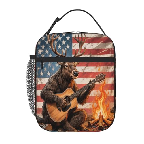 Xalvyriehf Kids Insulated Lunch Boxes Bag - Reusable School Lunch Tote for Boys Girls Leakproof Cooler Lunchbox Snacks Bags for Daycare Office Travel Picnic(Deer Paly Guitar)