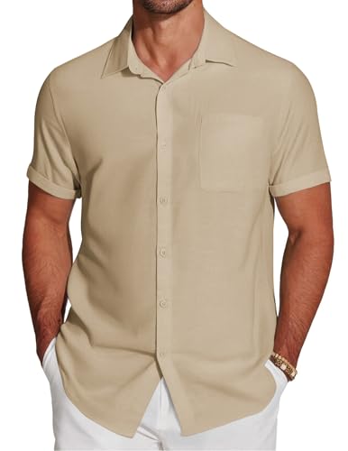 COOFANDY Hemd Herren Kurzarm Sommer Kurzarmhemd Strand Leichtes Sommerhemd Männer Hemden mit Brusttasche Khaki XL