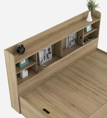 Image of Mintwud Pepperfry Engineered Wood Cavour King Size Bed with Hydraulic Storage and Open Shelves | Wooden Double Bed Cot Palang Furniture for Living Room Bedroom Home and Hotels (Santana Oak Finish)