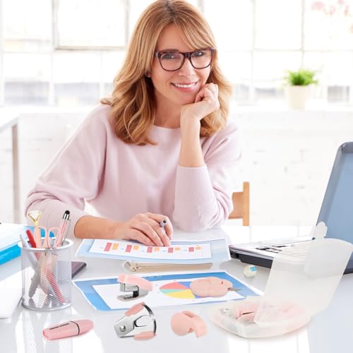 OFFCUP Kit de Papelería de Oficina, Juego de Suministros de Oficina con Cuaderno, 2 Resaltadores, 2 Bolígrafos, Grapas, Qquitagrapas, Clips, Sacapuntas para Oficina Hogar y Escuela (Rosa) - imagen 7