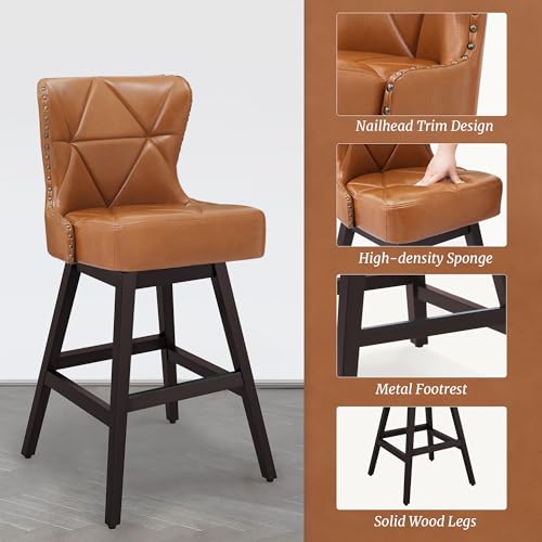 Image of Cozyman Counter Height Bar Stools, 30 inch H Swivel Bar Stool with Back, Faux Leather Counter Stool, Solid Wood Legs, Retro Upholstered Barstools for Kitchen Island, Home Bar, Pub, Yellowish-Brown