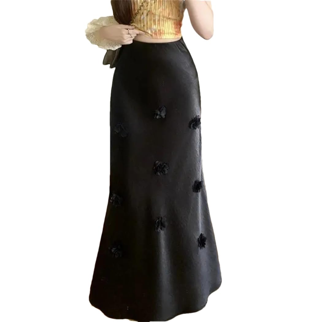 Womens Satin Mermaid Skirt Elegant 3D Floral High Waist Slim Fit Summer Party Office Lady Long Skirt