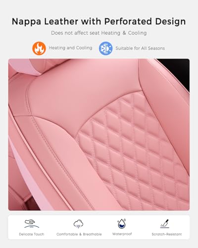 Image of Huidasource Pink Front Seat Covers, Nappa Leather Front Car Seat Covers, Side Elastic Fabric, Compatible with Airbags, Seat Belts, Universal Fit for Most Cars, Vans, Trucks, SUV (Front Pair /Pink)
