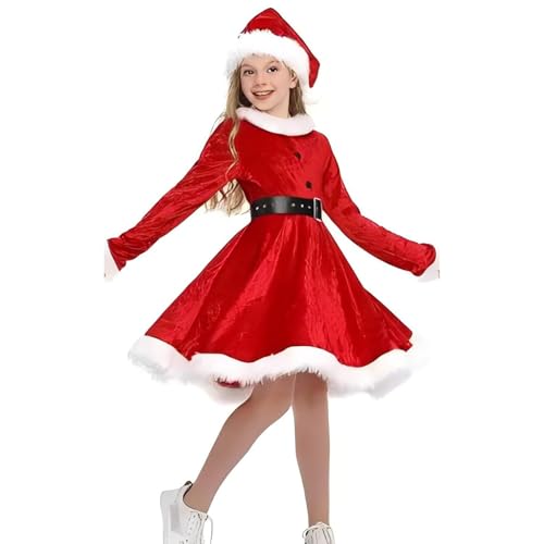 Disfraz Mama Noel Niña Traje Papa Noel Vestido Navidad Niñas Terciopelo Rojo Trajes Navideños con Gorro Vestidos Midi de Manga Larga de Invierno con Dobladillo de Felpa Disfraces de Santa Claus
