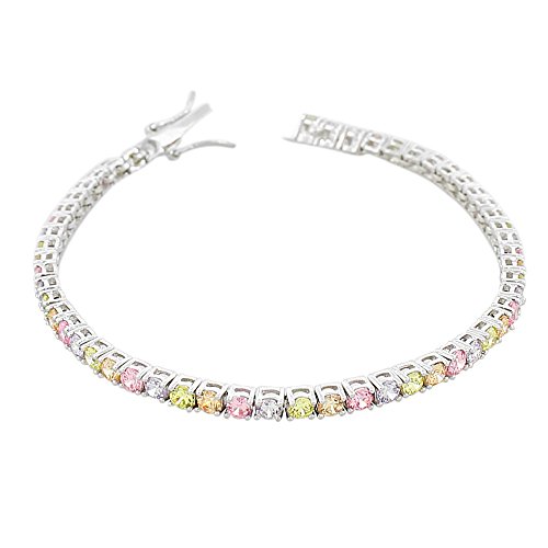 My Daily Styles 925 Sterling Silver Round White Multicolor CZ Classic Tennis Bracelet