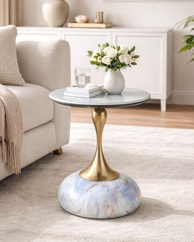 Image of Round Side Table with Marble Top, Brushed Golden Pedestal Base, Metal Base with Marble Effect, Modern Accent Table for Living Room, Bedroom (Blue-ish White)