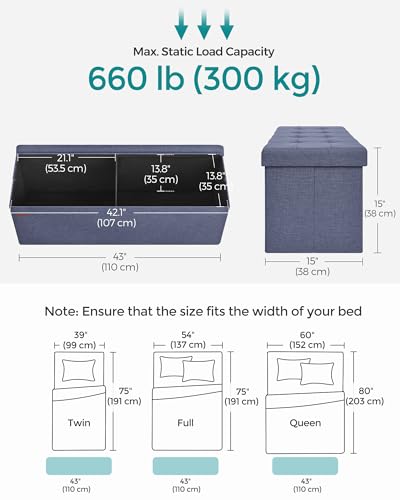 Image of SONGMICS MAZIE Collection - 43 Inches Folding Storage Ottoman Bench, Ottoman Foot Rest, End of Bed Bench, Storage Chest, Load 660 lb, for Living Room, Bedroom, Entryway, Misty Blue ULSF077Q01