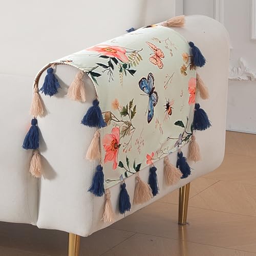 Image of HOKIPO Premium Holland Velvet Sofa Armrest Cover | Printed Design Arm Cover with Tassels | 'Whispers of Nature' (1 Pair) Pastel Butterfly Meadow (IN-1115-D2*2SC)