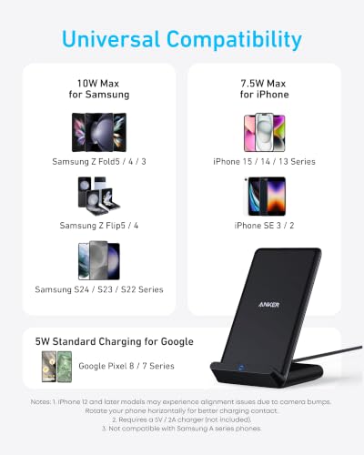 Anker 313 Wireless Charger (Stand), Qi-Certified for iPhone 15/14 / 13/12 / 11 / X / 8, 10W Max for Galaxy S23 / S22 / S21, Micro-USB (9V / 2A Adapter Required, Not Included) - Image 4