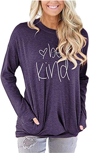 Womens Be Kind Crewneck Sweatshirt Casual Cute Long Sleeve Loose Fitting Fall Tops T Shirt with Pockets(B_Purple,L)