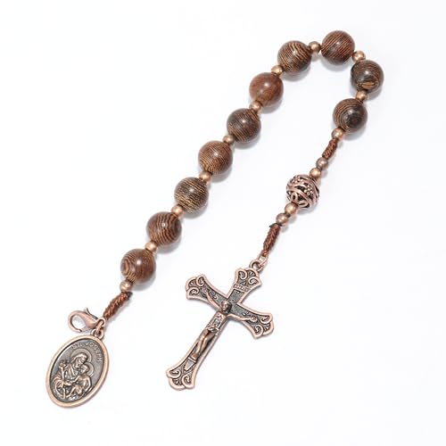 Nazareth Store Wood Beads One Decade Rosary Handmade Pocket Car Mirror with Saint Medal and Jesus Cross in Antique Bronze Wooden Travel Friendly Rosary2