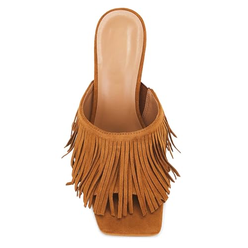 KISSASA Slingback Heels For Women,Stilettos High Kitten Heeled Fringe Mules Open Toe Slip On Heeled Slides Sandals Dress Party Pumps Shoes3