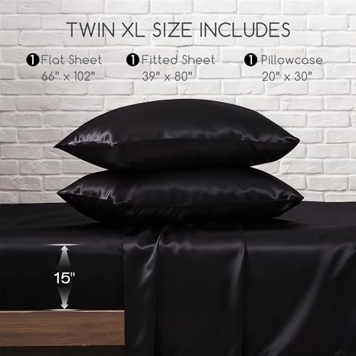 Image of MR&HM Satin Bed Sheets, Twin XL Size Sheets Set, 3 Pcs Silky Bedding Set with 15 Inches Deep Pocket for Mattress (Twin XL, Black)